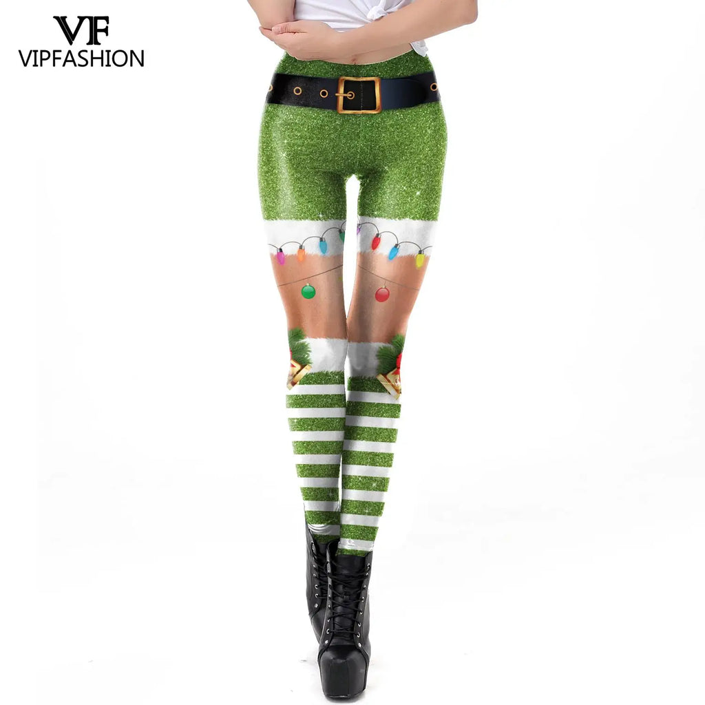 VIP FASHION Sexy High-Waist Christmas Stripe Leggings