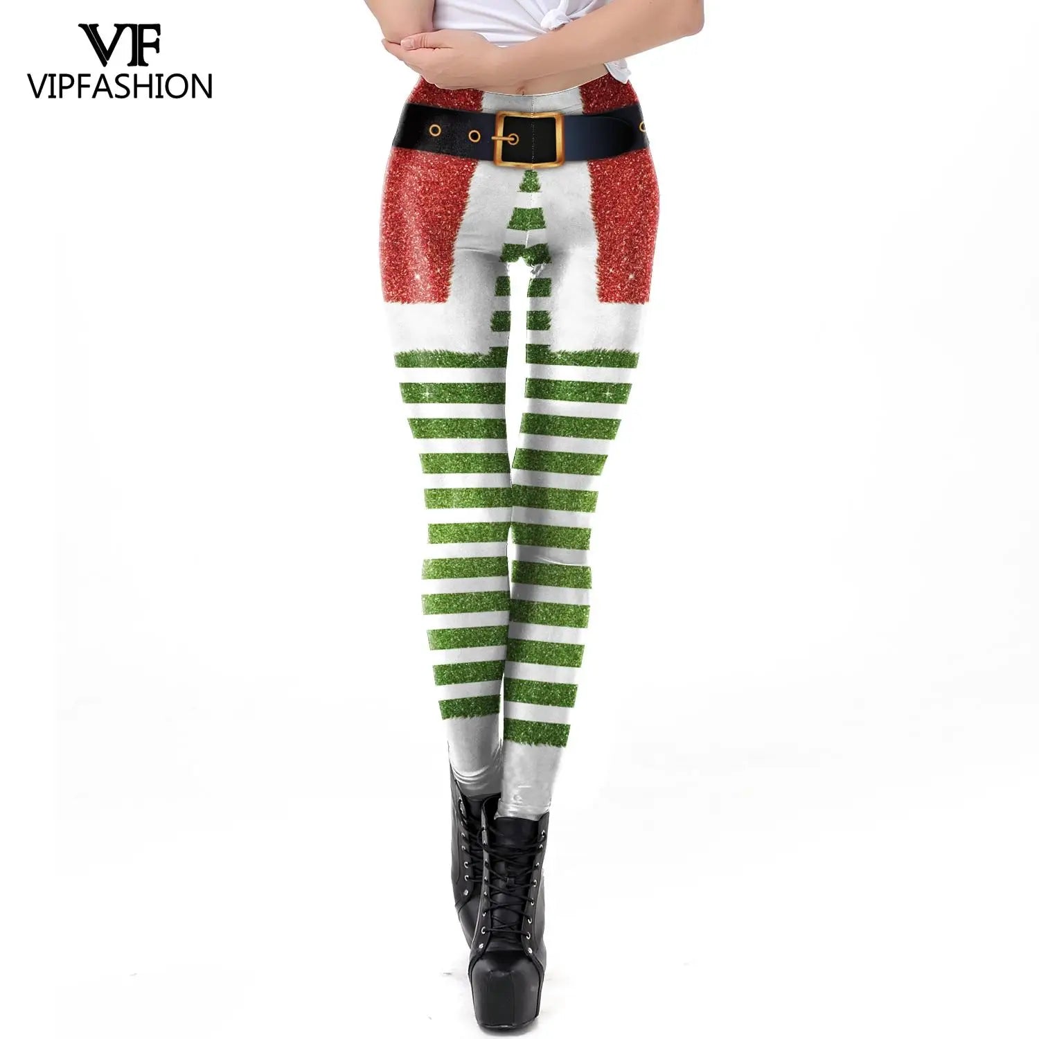 VIP FASHION Sexy High-Waist Christmas Stripe Leggings