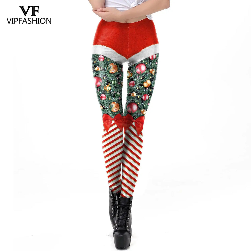VIP FASHION Sexy High-Waist Christmas Stripe Leggings