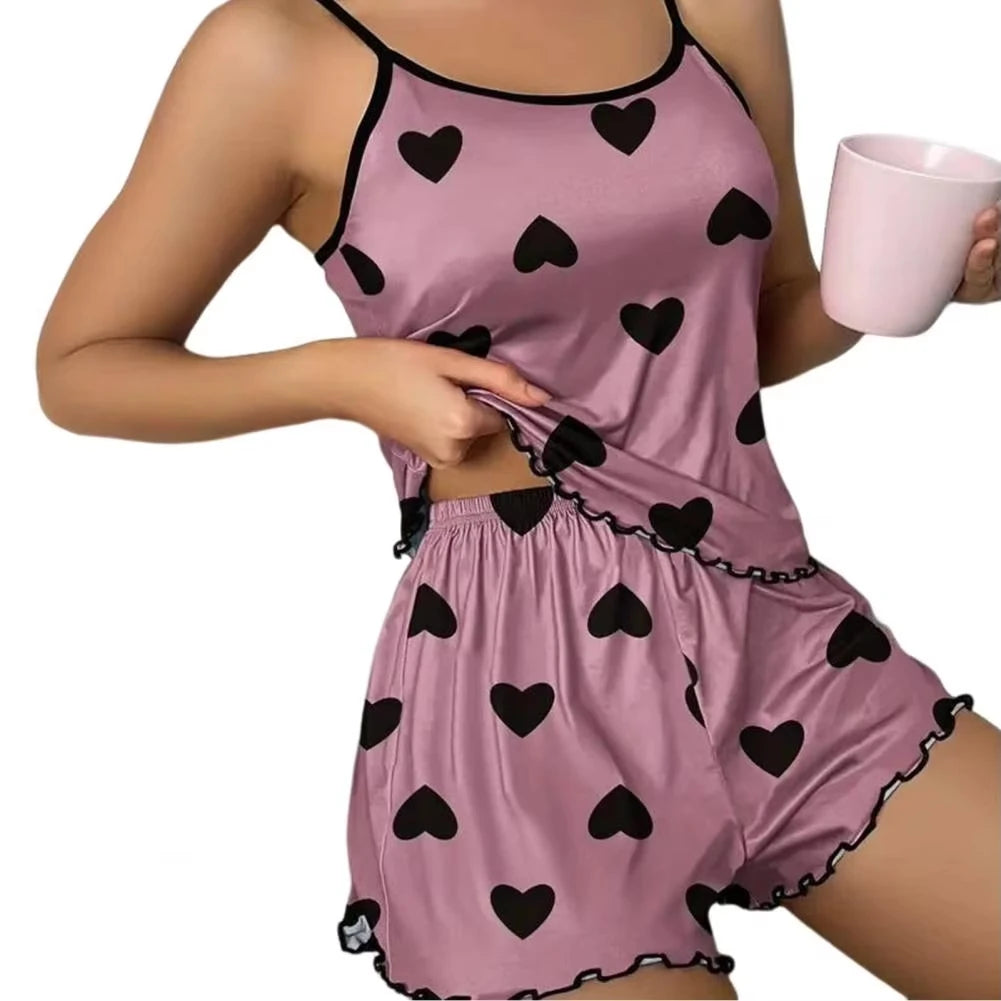 Casual Summer Pajamas – Heart Print Set