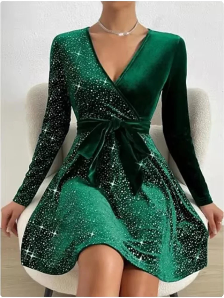 V-Neck Sequined Long Sleeve Dress