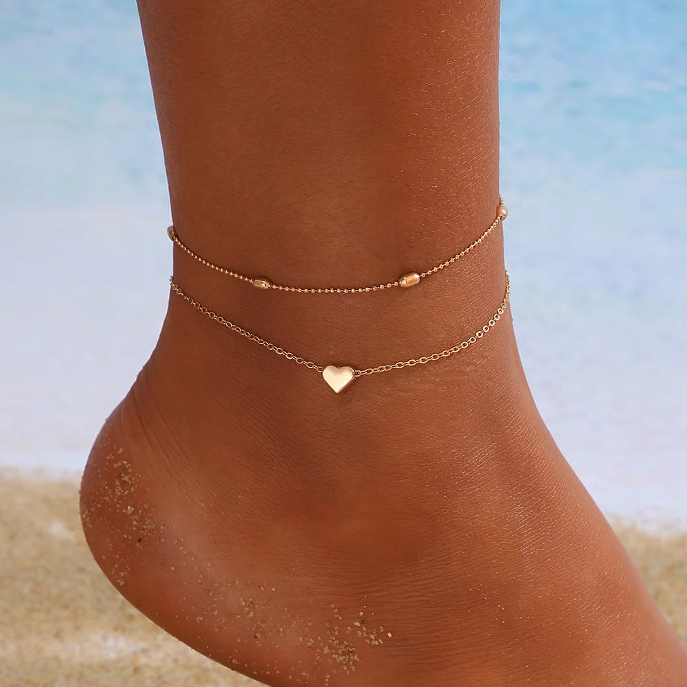 New European American Heart Butterfly Ankle Set for Women Bohemian Retro Beach Multi Bead Ankles Versatile Party Banquet Jewelry