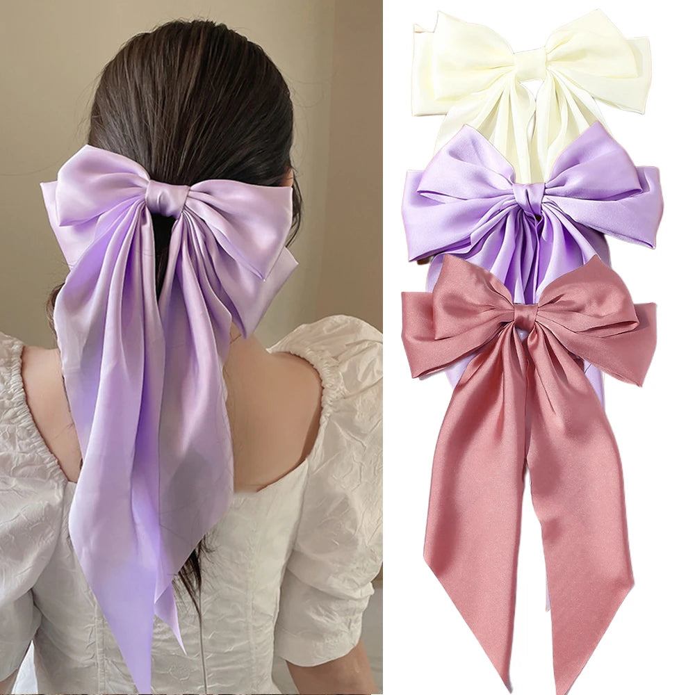 Satin Bow Hair Clip with Long Ribbon