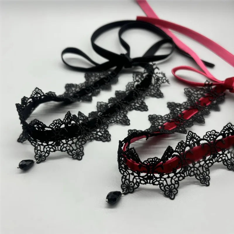 Gothic Lace Velvet Choker Necklace with Flower Pendant