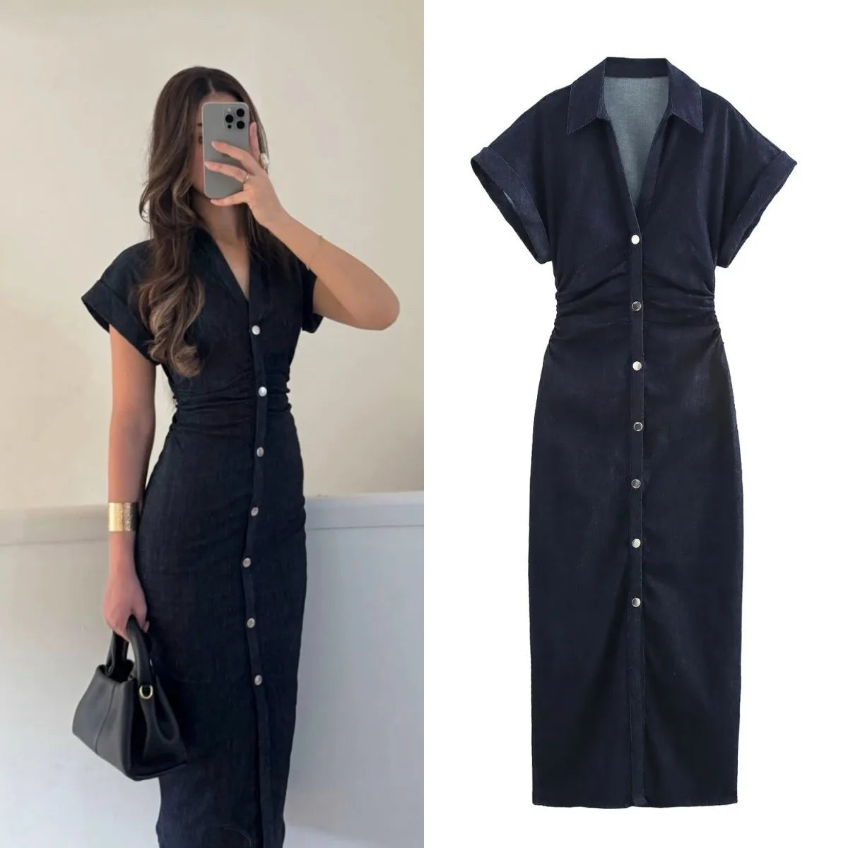 Wrinkle Waist Denim Midi Dress