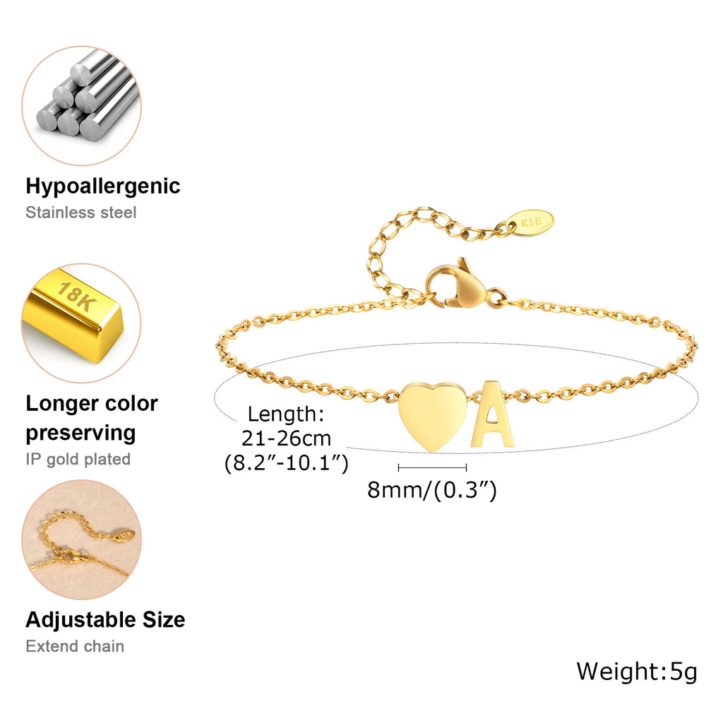 Women Heart Initial Anklet Bracelets Adjustable Beach Jewelry Hypoallergenic Stainless Steel Personalized Name Foot Chain Anklet