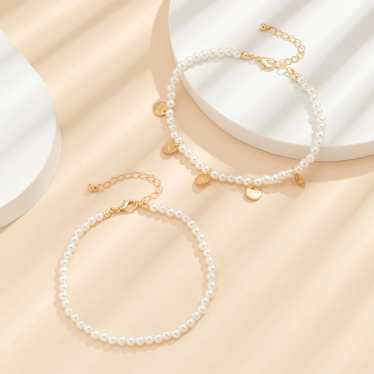 Vintage Round Brand LOVE Engraved Pendant Anklet Women's 2022 Multilayer Imitation Pearl Beaded Anklets Girls Fashion Jewelry