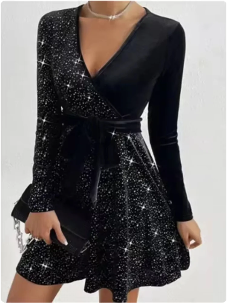 V-Neck Sequined Long Sleeve Dress