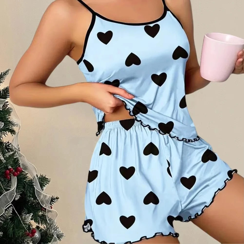 Casual Summer Pajamas – Heart Print Set