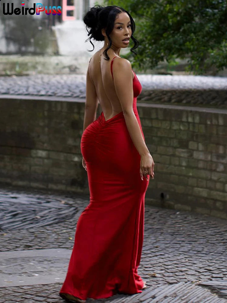 Backless V-Neck Mermaid Maxi Dress