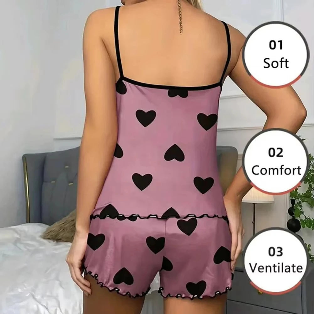 Casual Summer Pajamas – Heart Print Set
