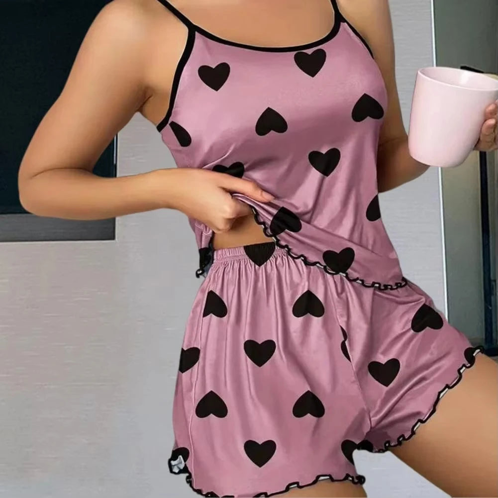 Casual Summer Pajamas – Heart Print Set